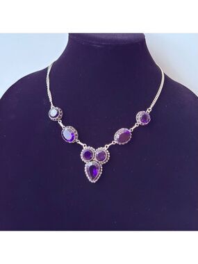 Simulated Amethyst Sterling Silver Lariat Dotted Caviar Statement Neckla…